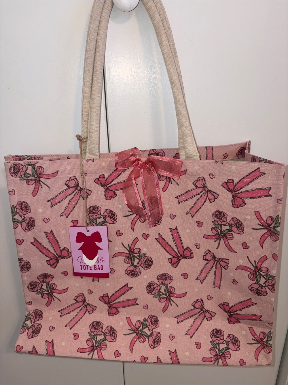 Pink Ribbon & Rose Pattern Tote Bag